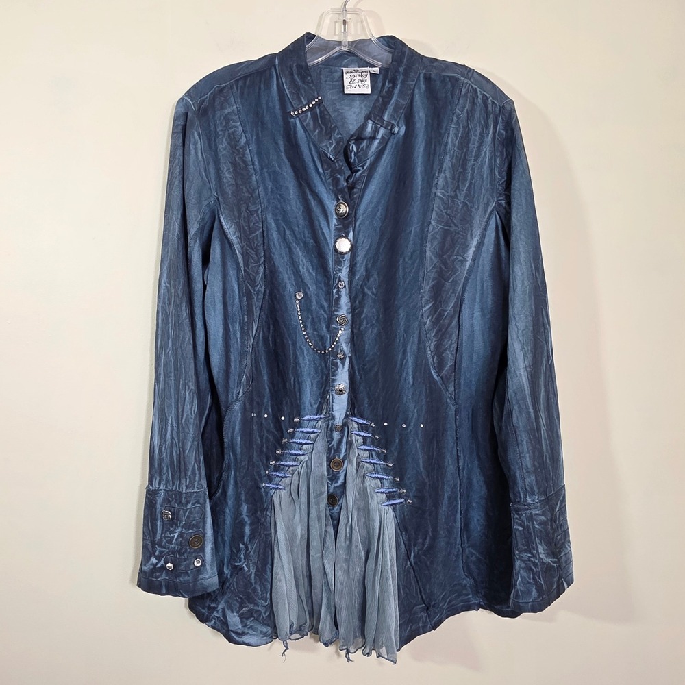 Parsley & Sage Women Tunic Blouse Rhinestone Chain Mesh Hem Blue Size Large Boho